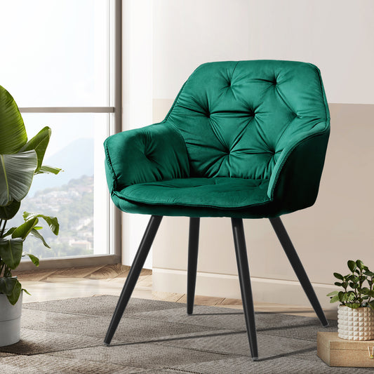 Everly Set of 2 Dining Chairs Velvet Diamond Tufted Armchair - Green