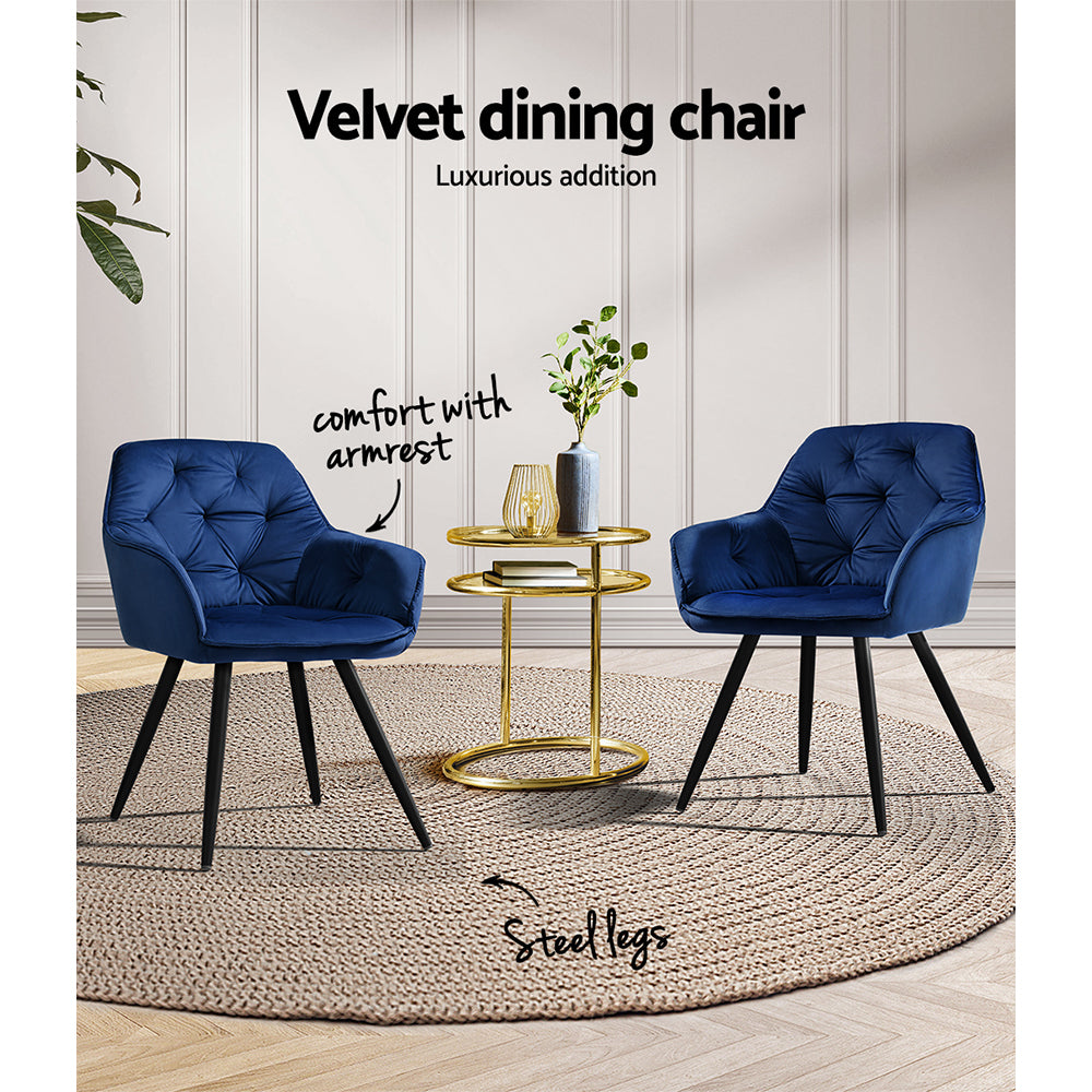 Everly Set of 2 Dining Chairs Velvet Diamond Tufted Armchair - Blue