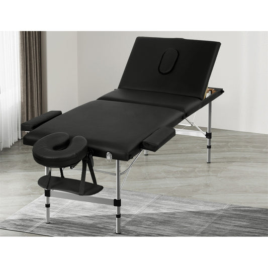Massage Table 65cm Portable 3 Fold Aluminium Beauty Bed - Black
