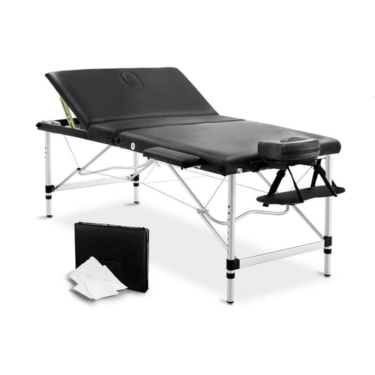 Massage Table 80cm 3 Fold Aluminium Beauty Bed Portable Therapy Black