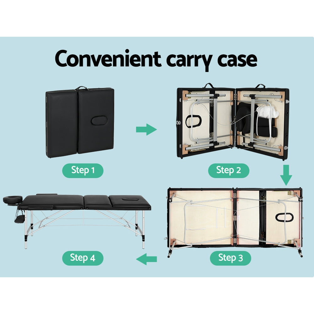 Massage Table 85cm Portable 3 Fold Aluminium Beauty Bed - Black