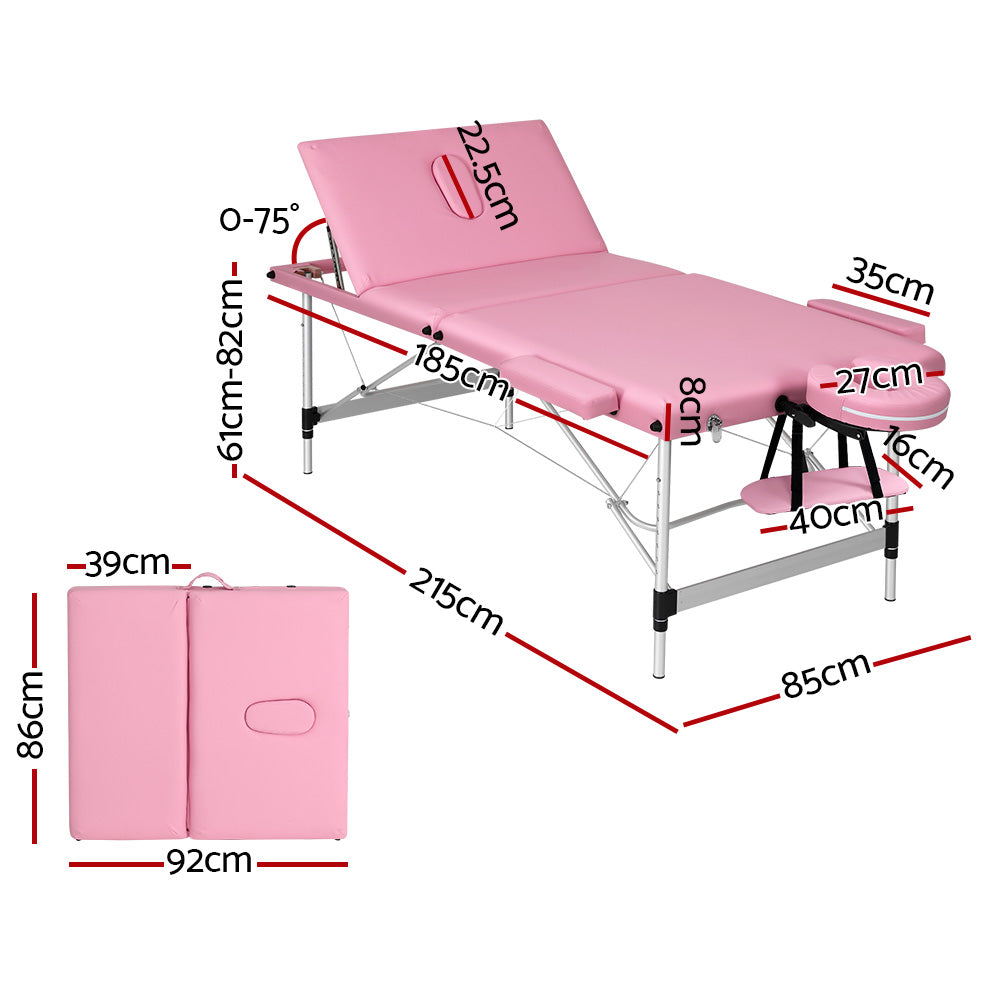 Massage Table 85cm Portable 3 Fold Aluminium Beauty Bed - Pink