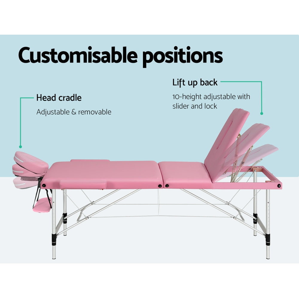 Massage Table 85cm Portable 3 Fold Aluminium Beauty Bed - Pink