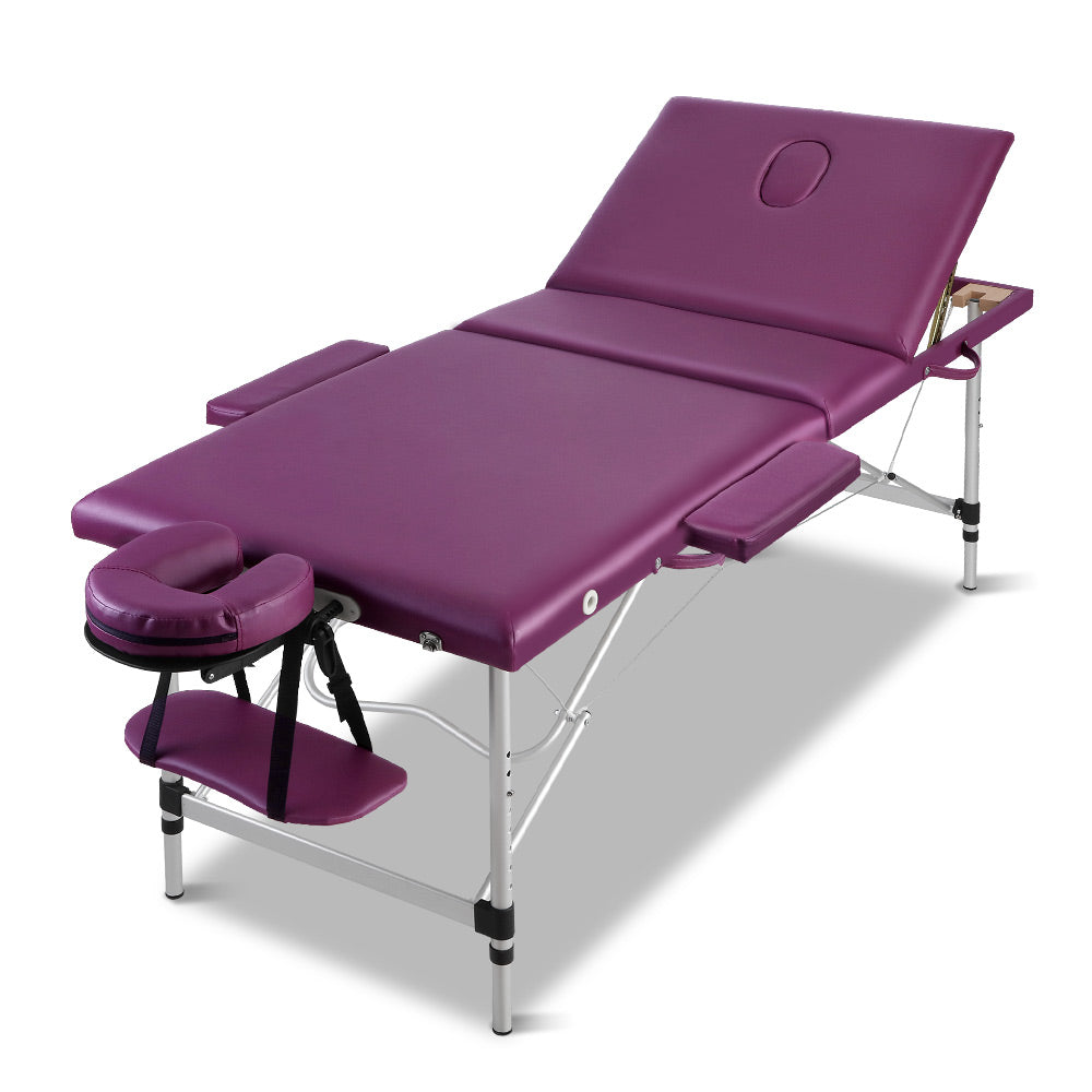Massage Table 75cm 3 Fold Aluminium Beauty Bed Portable Therapy Violet