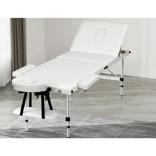 Massage Table 65cm Portable 3 Fold Aluminium Beauty Bed - White