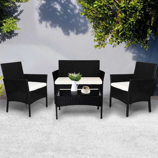 Marcel 4-Seater Furniture Patio Garden Table Chairs Wicker Seat 4-Piece Outdoor Setting - Wood