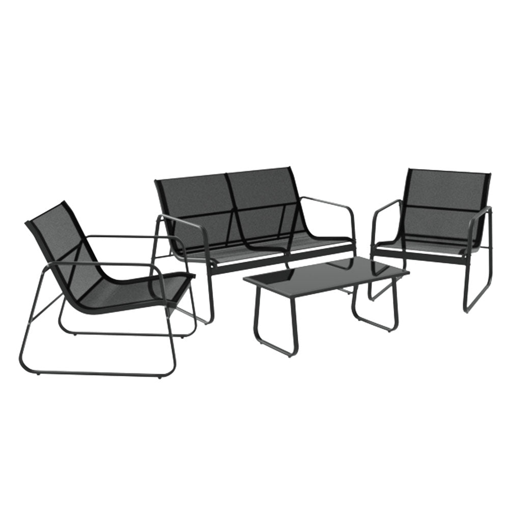 Camborne 4-Seater Lounge Garden Patio Furniture Textilene Table Chair 4-Piece Outdoor Sofa - Black