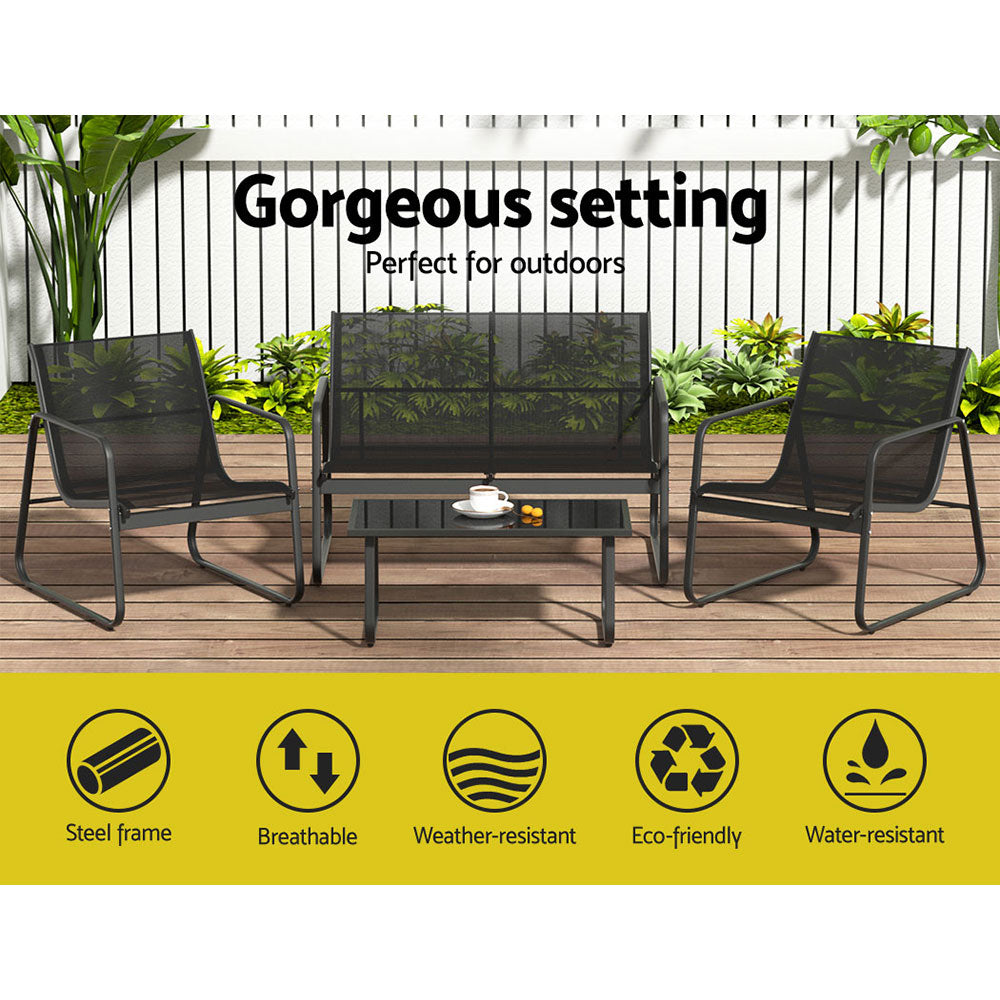 Camborne 4-Seater Lounge Garden Patio Furniture Textilene Table Chair 4-Piece Outdoor Sofa - Black