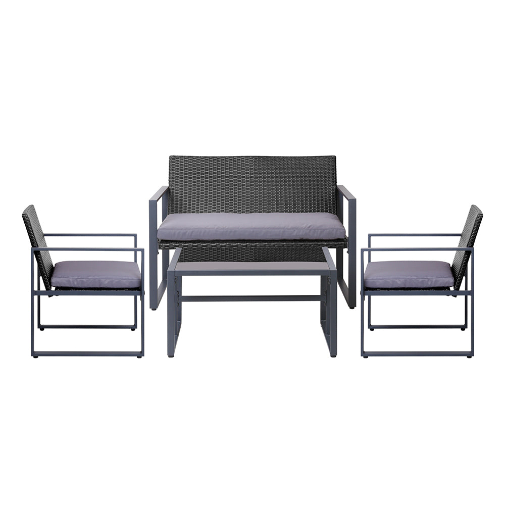 Ronald 4-Seater Rattan Furniture Glass Top Table & Chairs 4-Piece Outdoor Sofa Set - Black