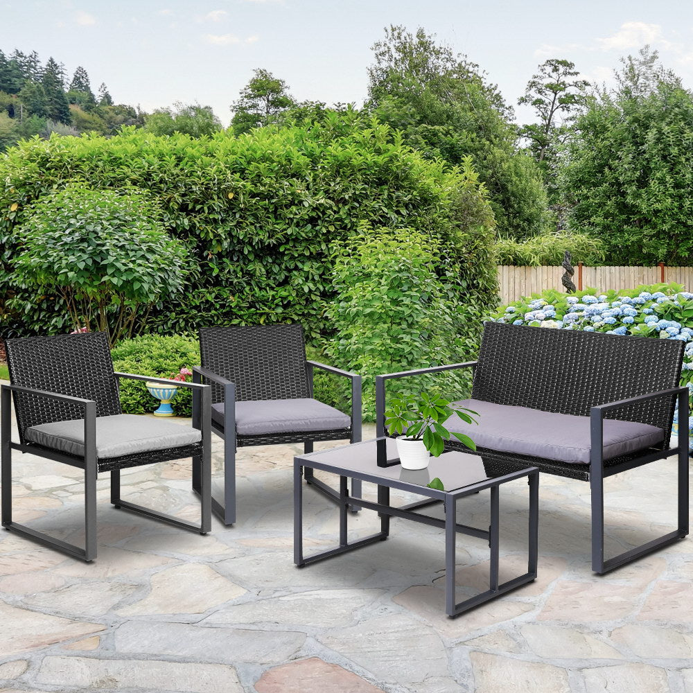 Ronald 4-Seater Rattan Furniture Glass Top Table & Chairs 4-Piece Outdoor Sofa Set - Black