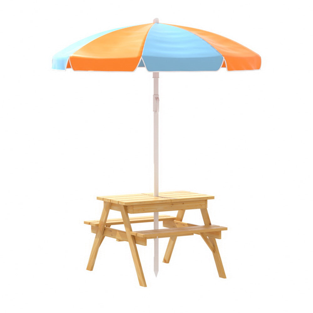 Pablo Kids Table & Chairs Set Outdoor Picnic Bench Umbrella Water Sand Pit Box - Wood