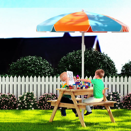 Pablo Kids Table & Chairs Set Outdoor Picnic Bench Umbrella Water Box - Wood
