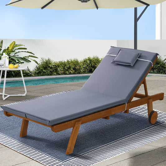 Manchester Outdoor Sun Lounger Wooden Lounge Day Bed Patio Outdoor Setting Furniture with Wheels - Grey