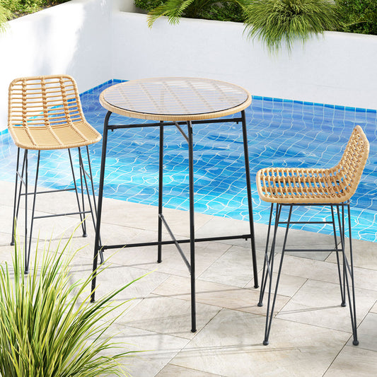 Myles 2-Seater Wicker Dining Bistro Patio Table Chairs Set Steel - Black and Wood