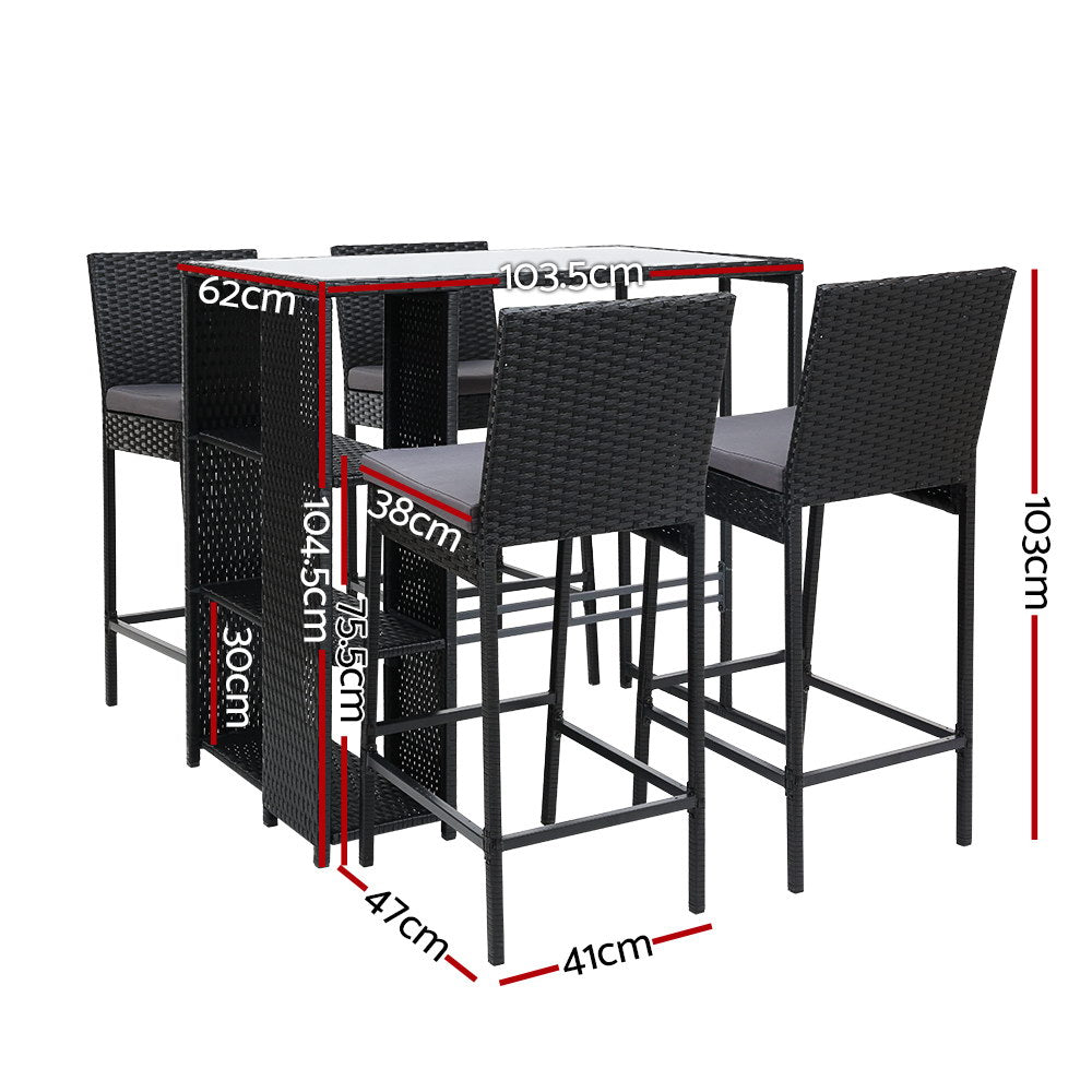 Mark 4-Seater Table Stools Furniture Chairs Wicker Patio Garden 5-Piece Outdoor Bar Set - Black