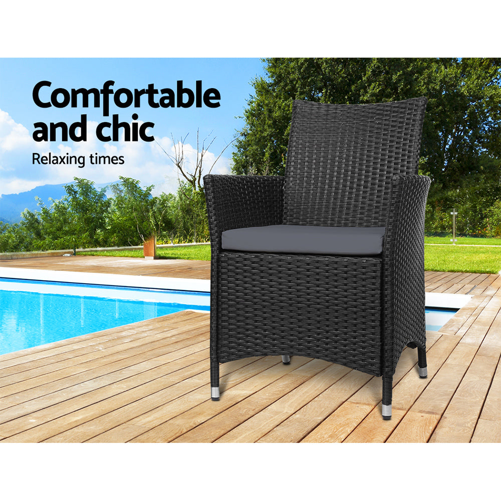 Mitchell Set of 2 Outdoor Bistro Set Chairs Patio Furniture Dining Wicker Garden Cushion - Black