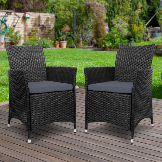 Mitchell Set of 2 Outdoor Bistro Set Dining Chairs Patio Furniture Wicker Garden Cushion - Black
