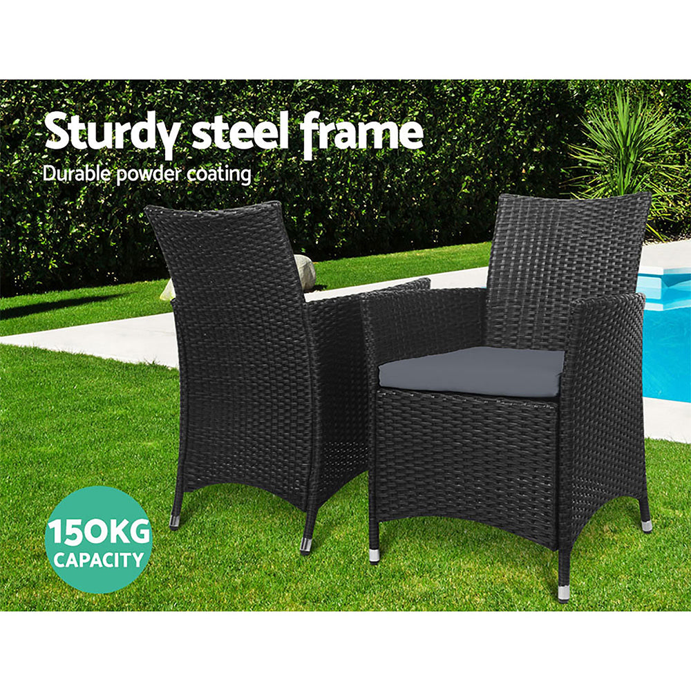 Mitchell Set of 2 Outdoor Bistro Set Chairs Patio Furniture Dining Wicker Garden Cushion - Black