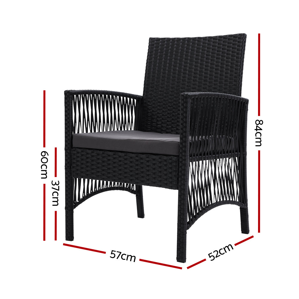 Mitchell Set of 2 Outdoor Dining Chairs Patio Furniture Wicker Lounge Chair Garden - Black