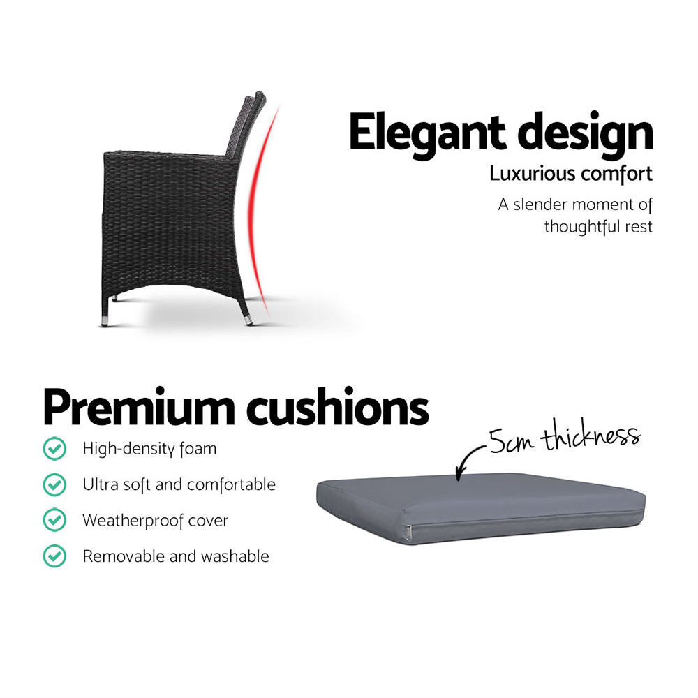 Wareham 2-Seater Chair Table Wicker Patio Tea Coffee Cafe Bar 3-Piece Outdoor Furniture - Black