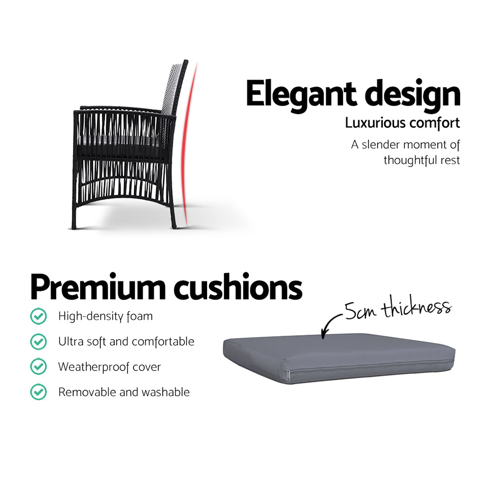 Shanklin 2-Seater Chairs Wicker Garden Patio Cushion Tea Coffee Cafe Bar 3-Piece Outdoor Furniture - Black