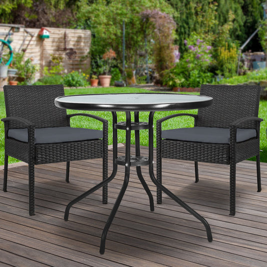 Burgess 2-Seater Furniture Chairs Wicker Garden Patio Cushion Tea Coffee Cafe Bar 3-Piece Outdoor Sofa - Black