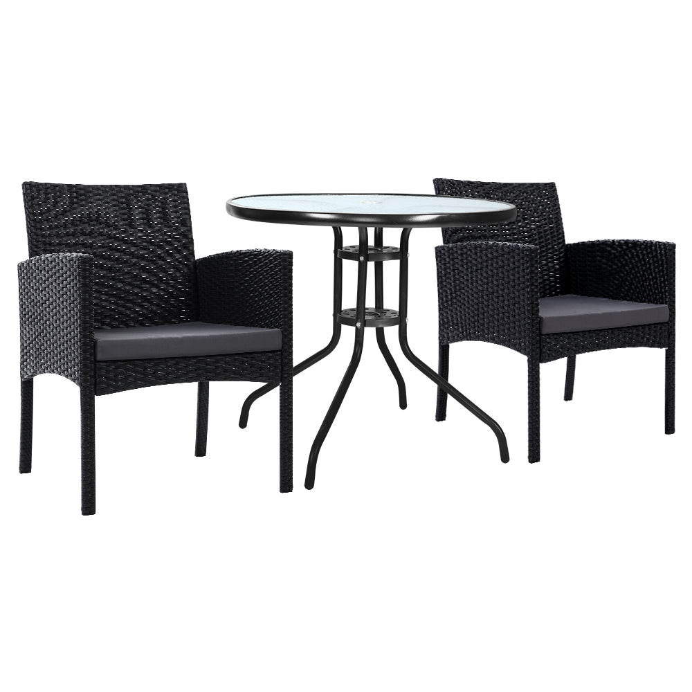 Shane 2-Seater Chairs Patio Furniture Chair Wicker Garden Cushion Tea Coffee Cafe Bar 3-Piece Outdoor Bistro Set - Black