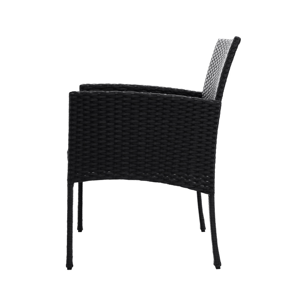 Shane 2-Seater Chairs Patio Furniture Chair Wicker Garden Cushion Tea Coffee Cafe Bar 3-Piece Outdoor Bistro Set - Black