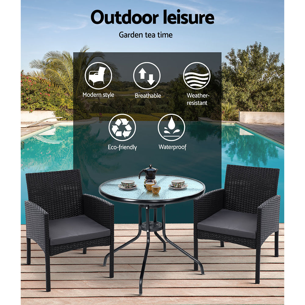Shane 2-Seater Chairs Patio Furniture Chair Wicker Garden Cushion Tea Coffee Cafe Bar 3-Piece Outdoor Bistro Set - Black