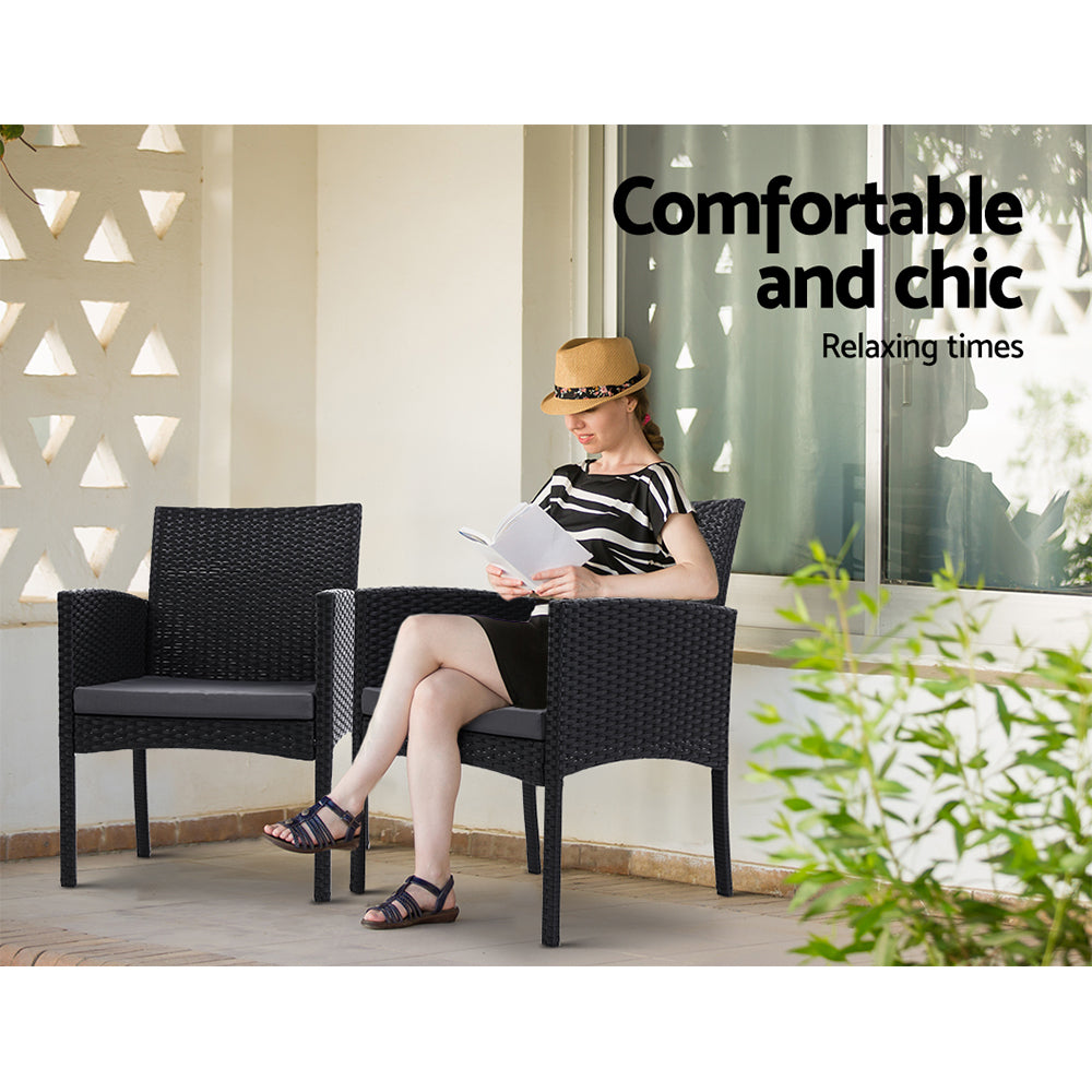 Shane 2-Seater Chairs Patio Furniture Chair Wicker Garden Cushion Tea Coffee Cafe Bar 3-Piece Outdoor Bistro Set - Black