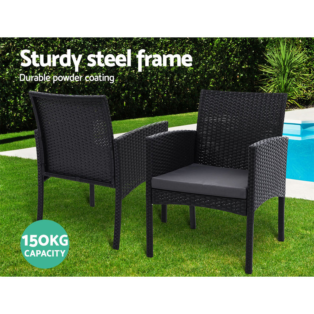 Shane 2-Seater Chairs Patio Furniture Chair Wicker Garden Cushion Tea Coffee Cafe Bar 3-Piece Outdoor Bistro Set - Black