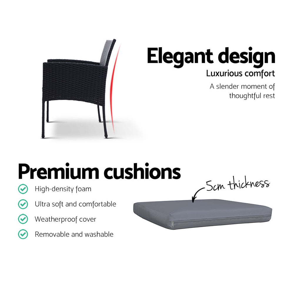 Shane 2-Seater Chairs Patio Furniture Chair Wicker Garden Cushion Tea Coffee Cafe Bar 3-Piece Outdoor Bistro Set - Black