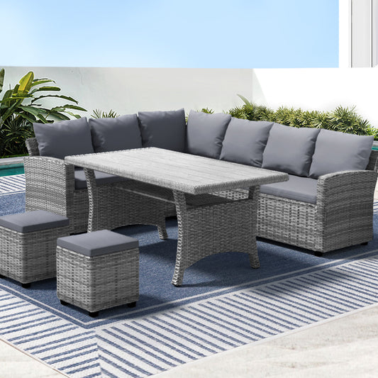 Zion 8-Seater Furniture Lounge Sofa Wicker Ottoman 5-Piece Outdoor Dining Set - Grey