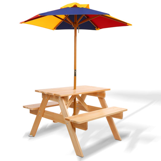 Portia Kids Table & Chairs Set Kids Wooden Picnic with Umbrella - Natural