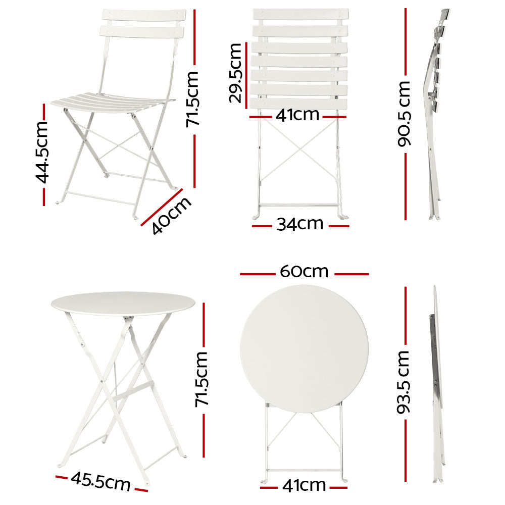 Andre 2-Seater Steel Table and Chairs Patio Furniture 3-Piece Outdoor Bistro Set - White