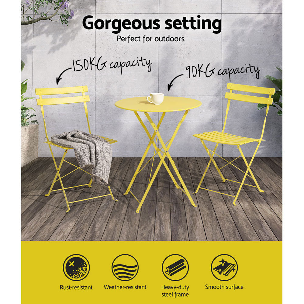 Andre 2-Seater Steel Table and Chairs Patio Furniture 3-Piece Outdoor Bistro Set - Yellow