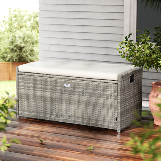 Outdoor Storage Bench Box Wicker Garden Sheds Tools Cushion Patio Furniture - Grey