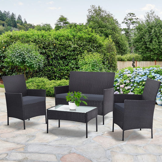 Justin 4-Seater Wicker Table Chair 4-Piece Outdoor Sofa Set with Storage Cover - Dark Grey