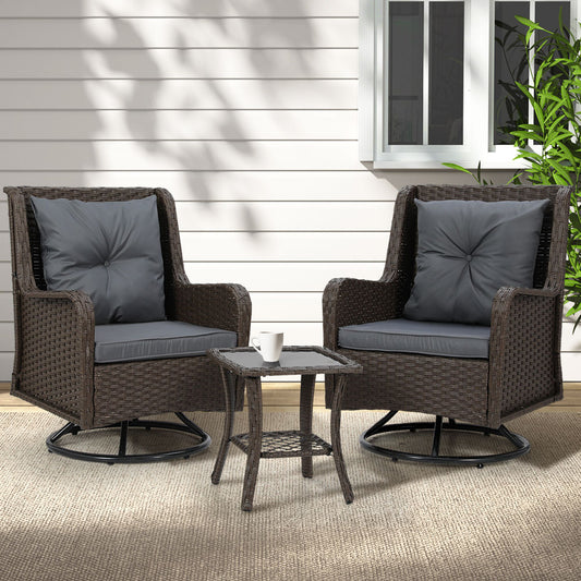 Cinzia 2-Seater Chairs Patio Furniture Wicker Swivel Chair Table Bistro 3-Piece Outdoor Lounge Set - Brown