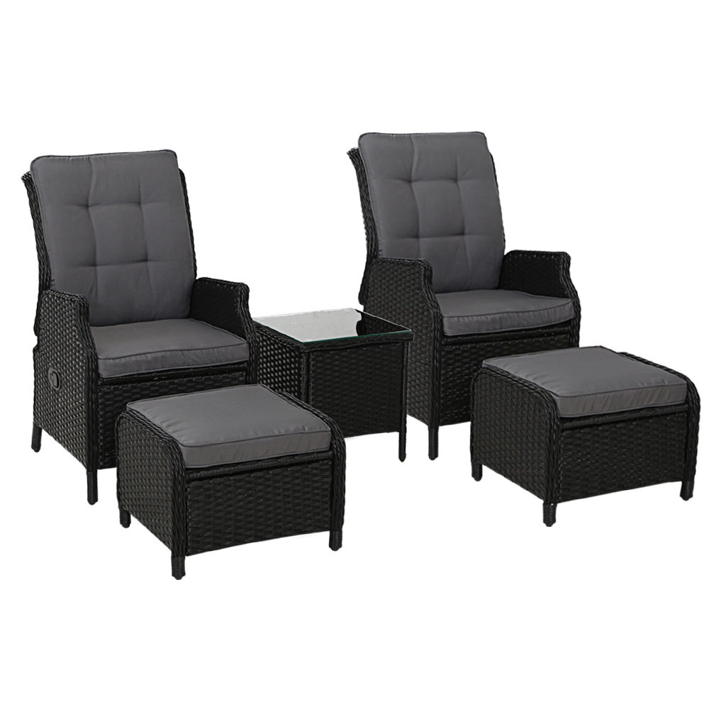 Yeovil 5-Piece Recliner Chair Outdoor Furniture Setting Patio Wicker Sofa Chair and Ottoman - Black