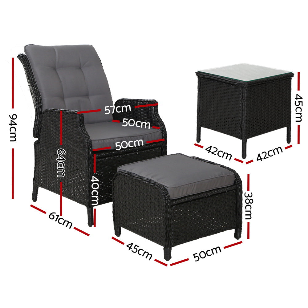 Yeovil 5-Piece Recliner Chair Outdoor Furniture Setting Patio Wicker Sofa Chair and Ottoman - Black