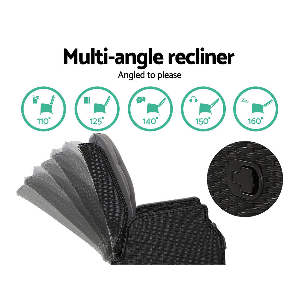 Yeovil 5-Piece Recliner Chair Outdoor Furniture Setting Patio Wicker Sofa Chair and Ottoman - Black
