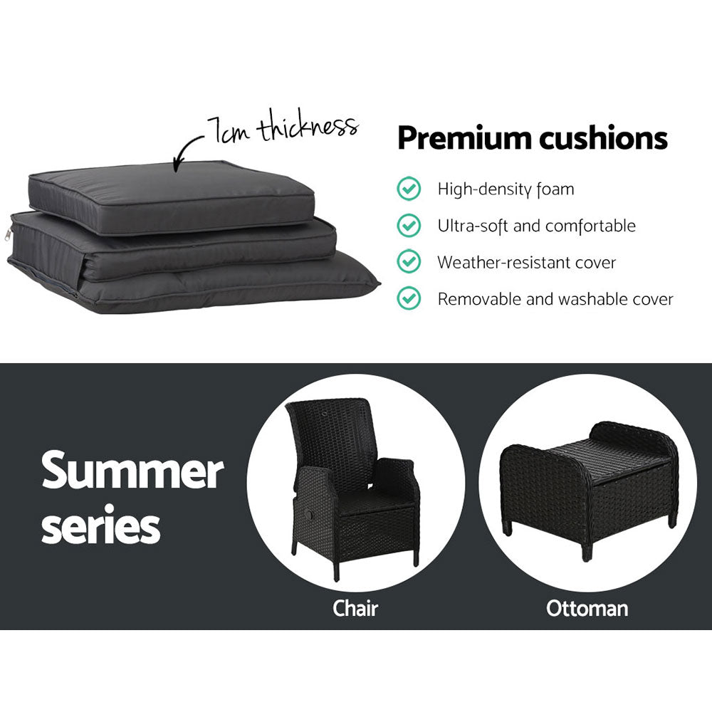 Yeovil 5-Piece Recliner Chair Outdoor Furniture Setting Patio Wicker Sofa Chair and Ottoman - Black