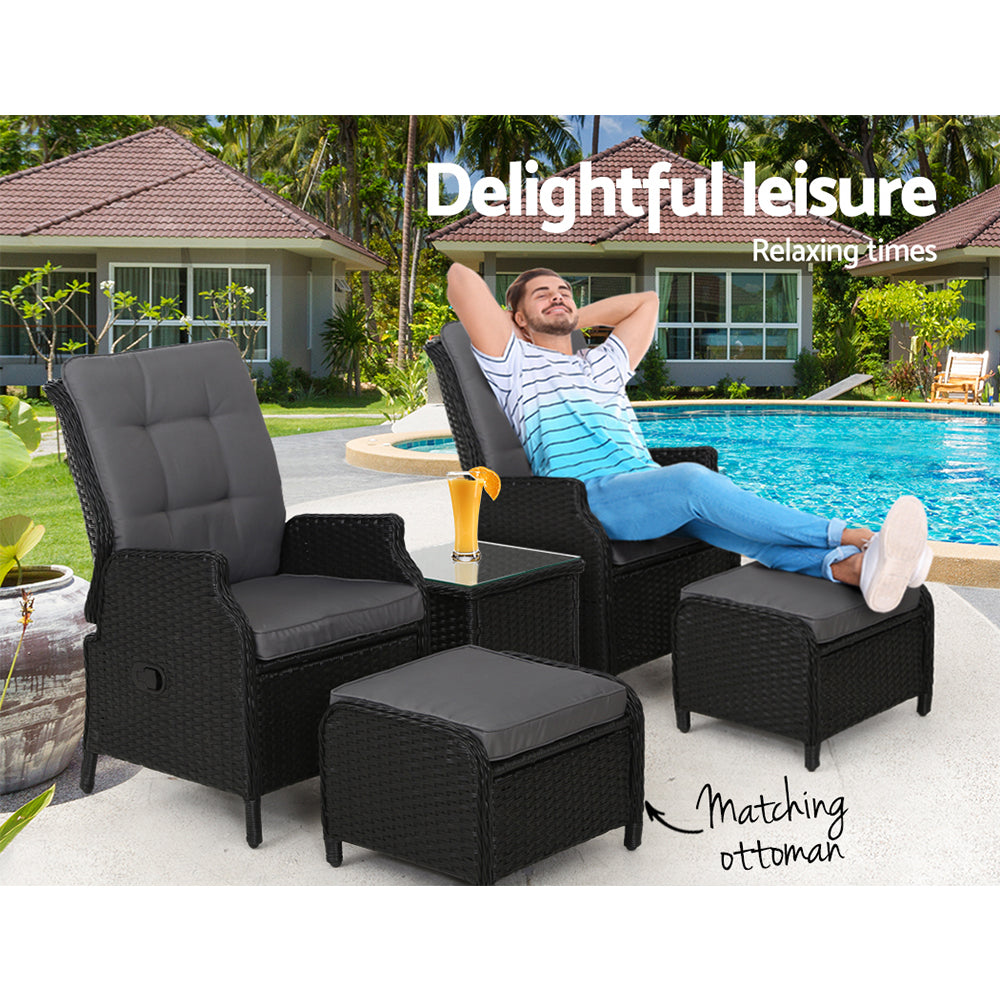 Yeovil 5-Piece Recliner Chair Outdoor Furniture Setting Patio Wicker Sofa Chair and Ottoman - Black