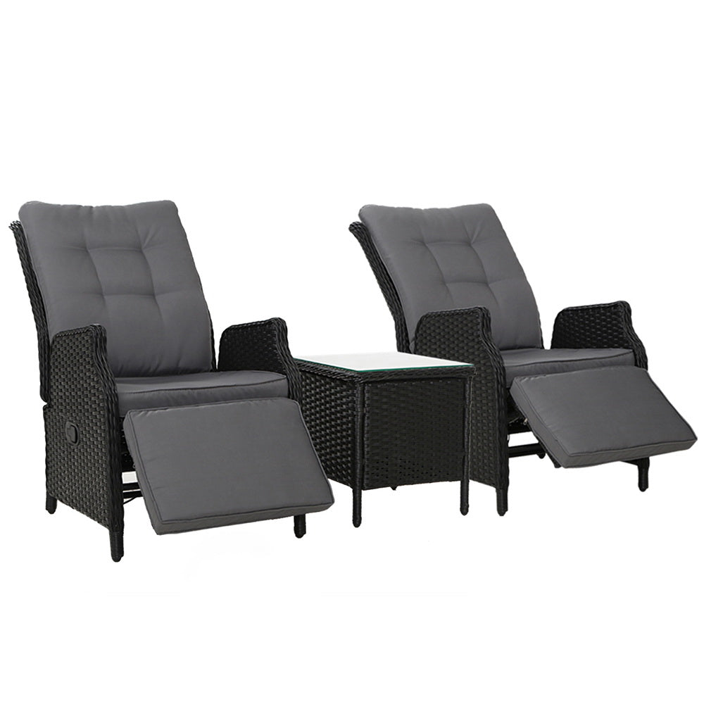 Moore 3-Piece Recliner Chairs and Table Bistro Setting Outdoor Furniture Patio Wicker Sofa - Black