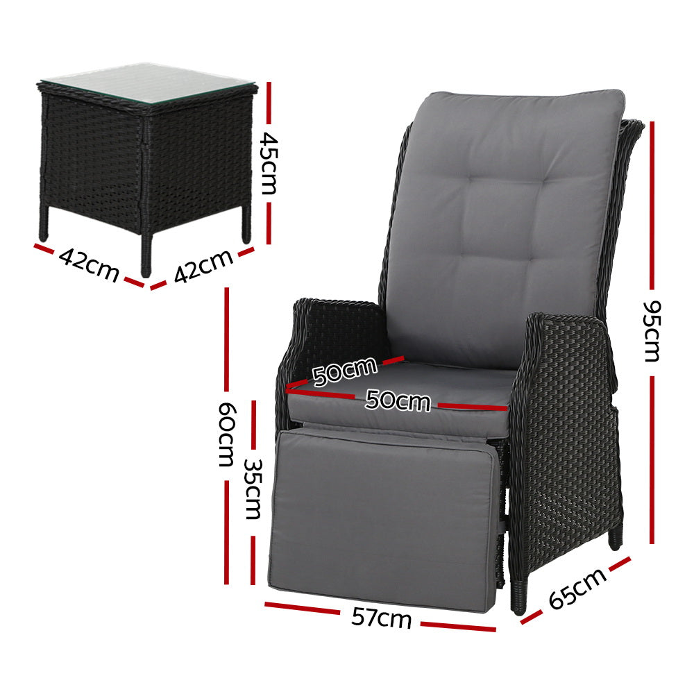 Moore 3-Piece Recliner Chairs and Table Bistro Setting Outdoor Furniture Patio Wicker Sofa - Black