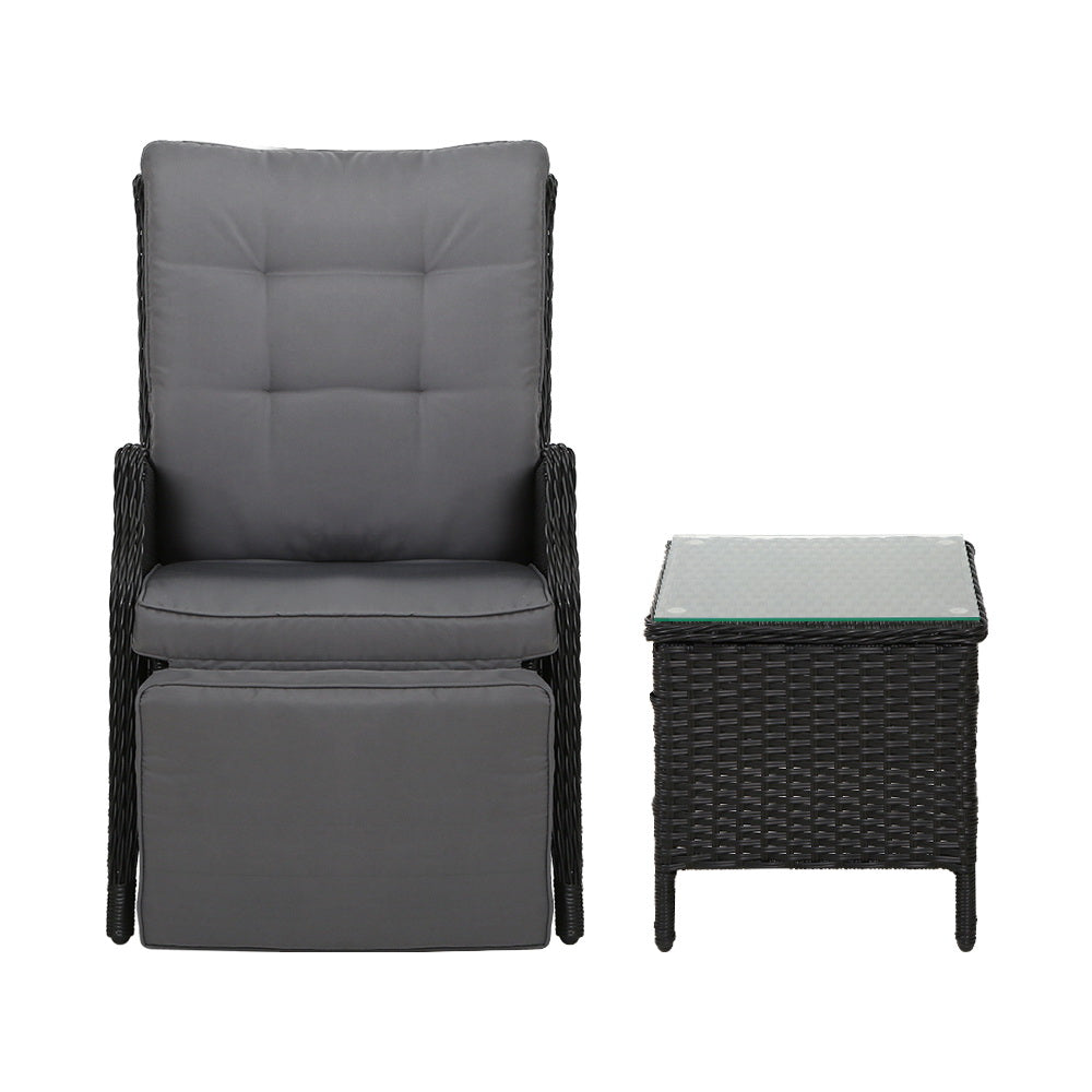 Moore 3-Piece Recliner Chairs and Table Bistro Setting Outdoor Furniture Patio Wicker Sofa - Black