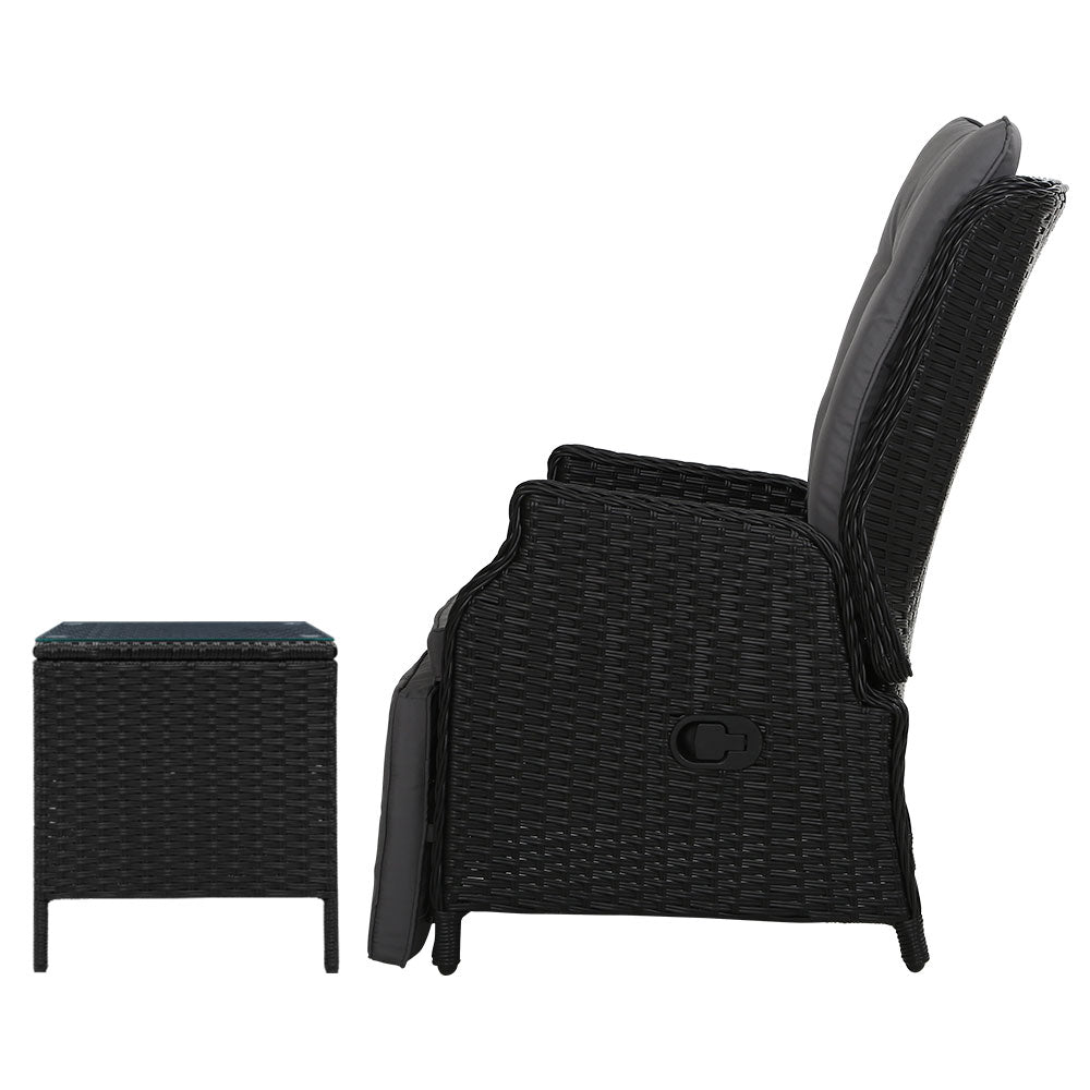 Moore 3-Piece Recliner Chairs and Table Bistro Setting Outdoor Furniture Patio Wicker Sofa - Black