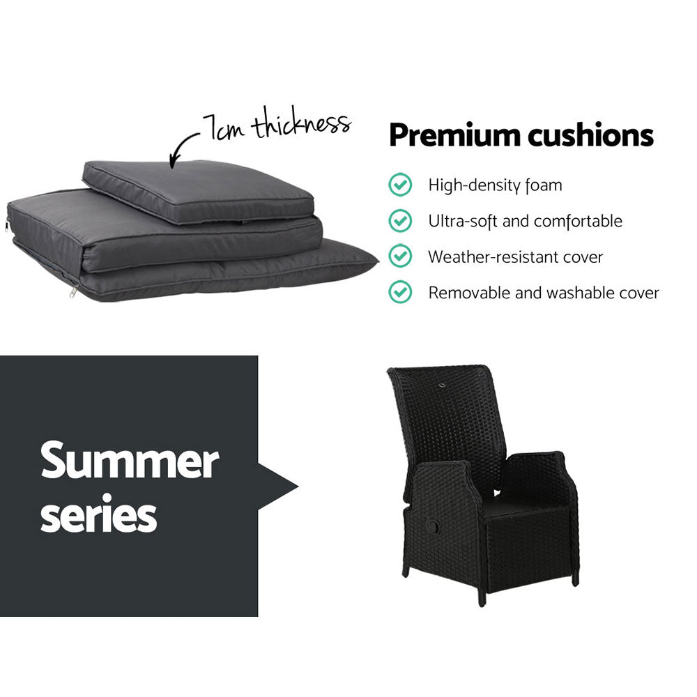 Moore 3-Piece Recliner Chairs and Table Bistro Setting Outdoor Furniture Patio Wicker Sofa - Black