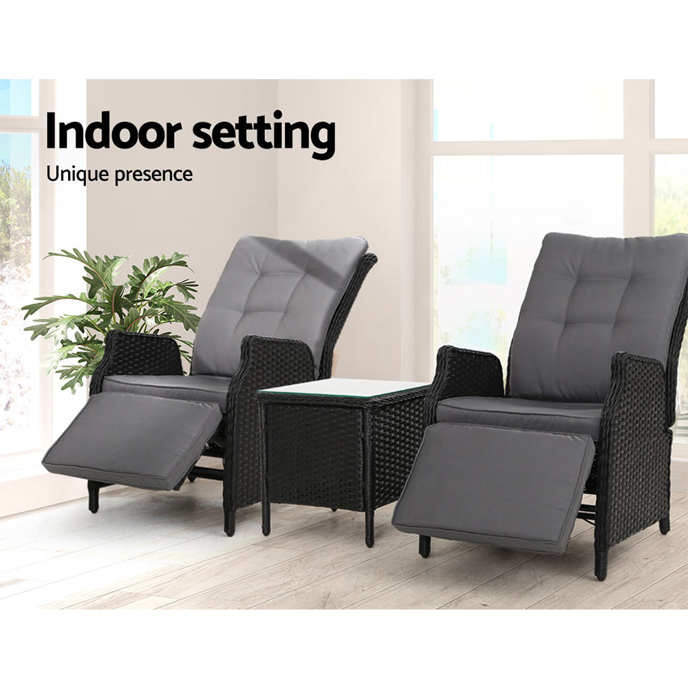 Moore 3-Piece Recliner Chairs and Table Bistro Setting Outdoor Furniture Patio Wicker Sofa - Black